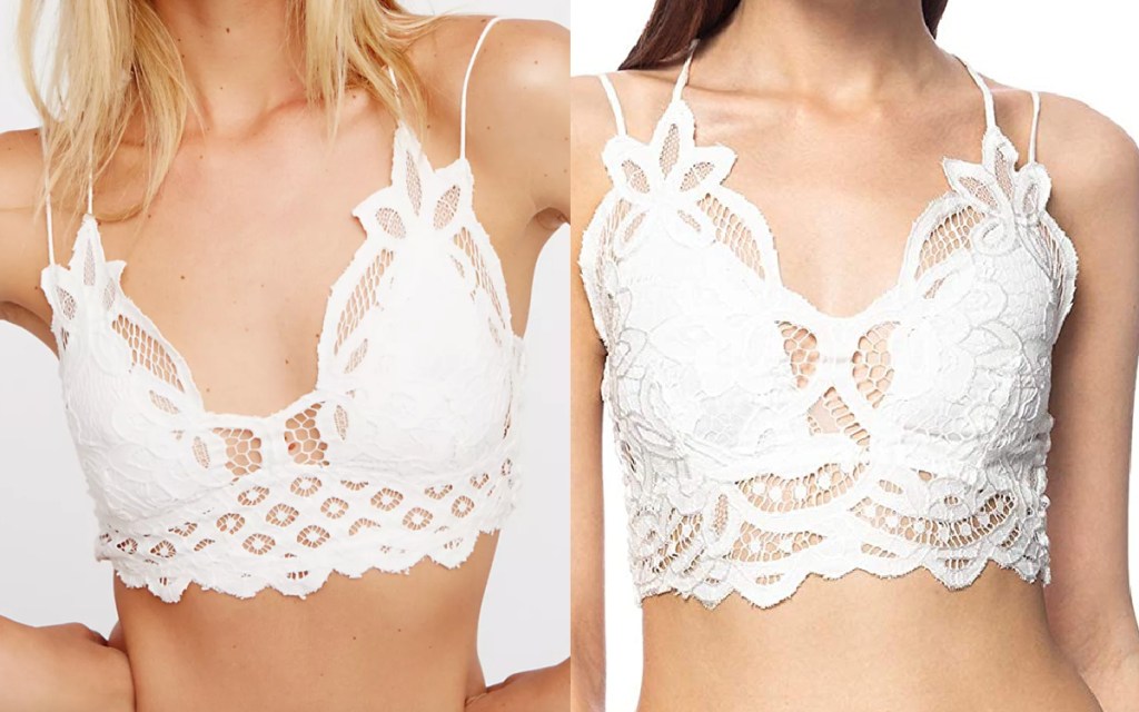 two white floral bralettes side by side