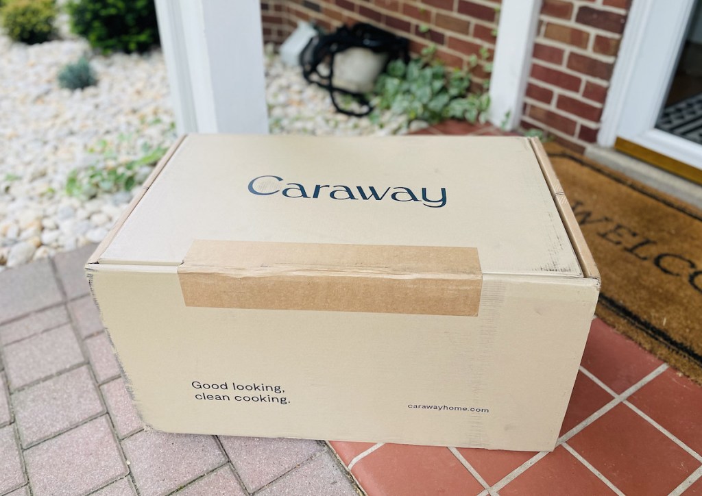 caraway cookware box on front porch outside