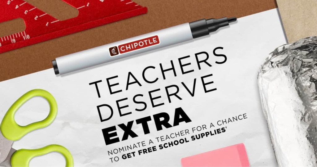 graphic with the words "Teachers deserve extra" next to school supplies and a burrito