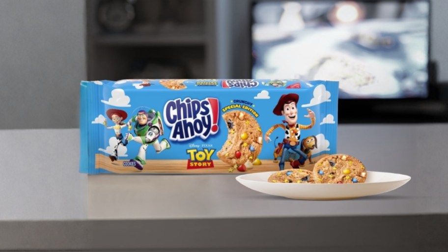 toy story chips ahoy bag next to a plate of cookies