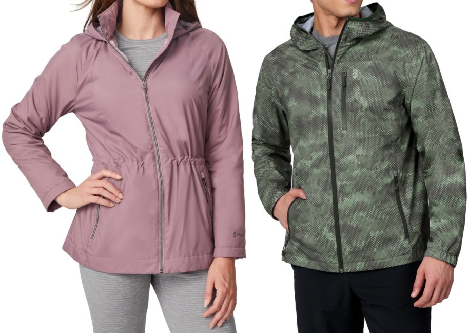 Two people modeling zip-up hooded jackets side-by-side against a white background: one wearing a solid dusty pink jacket on the left, and the other wearing a green patterned jacket on the right.