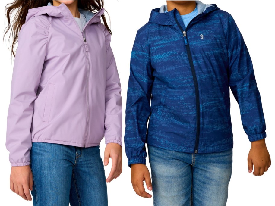 Two children modeling zip-up hooded jackets side-by-side against a white background: one wearing a solid light purple jacket on the left, and the other wearing a blue patterned jacket on the right.
