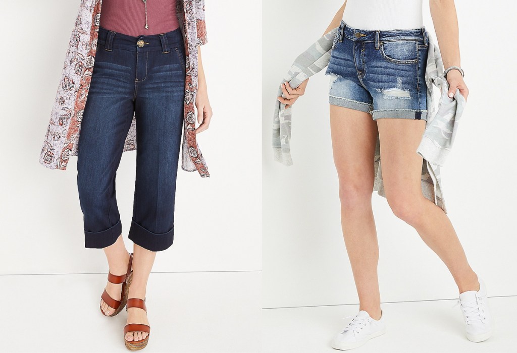 women modeling jeans and shorts