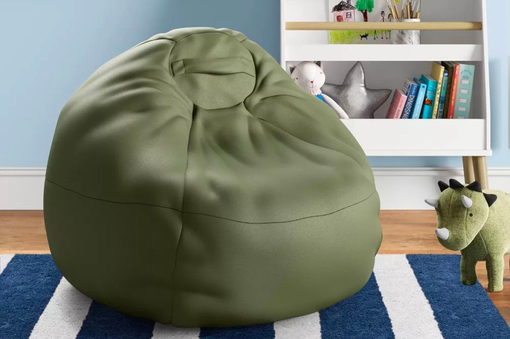 green bean bag chair in bedroom