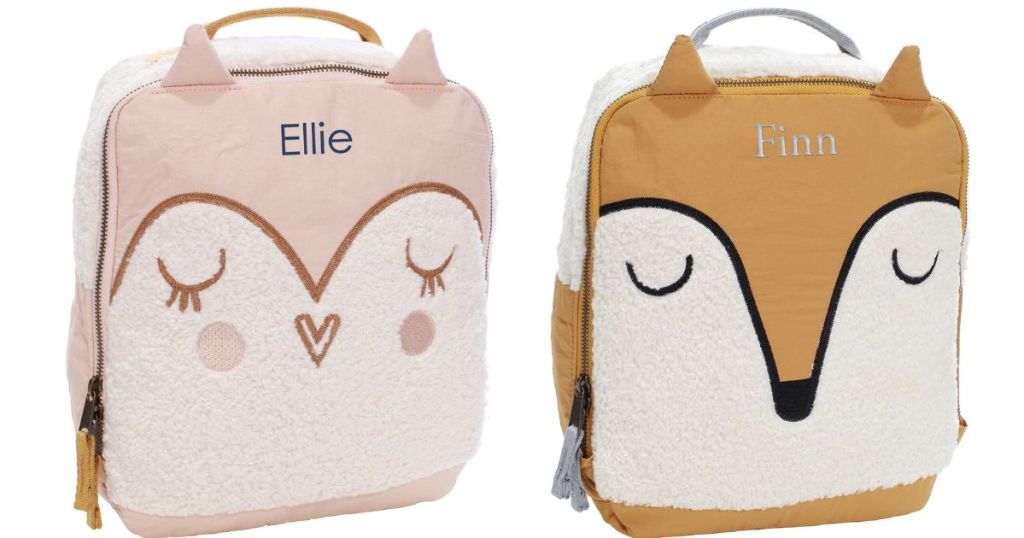 personalized pink owl backpack and personalized tan fox backpack