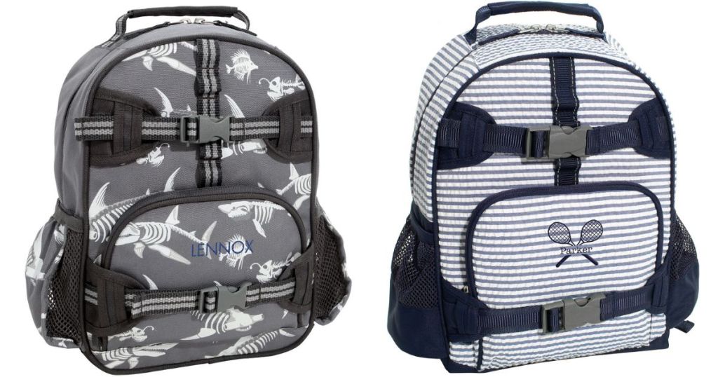 shark bones backpack and tennis blue striped backpack