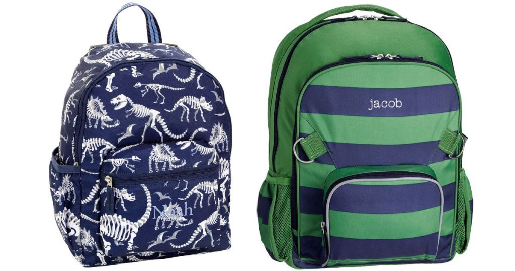 personalized dino bones backpack and green and blue striped backpack
