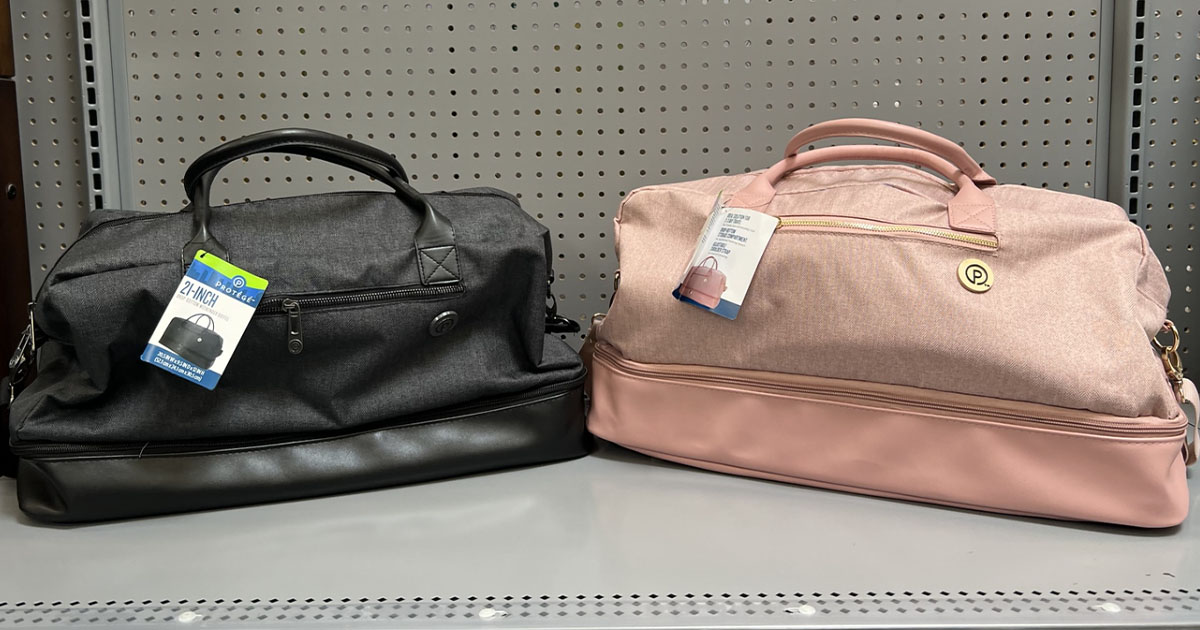 black and pink protege weekender bag on shelf in Walmart