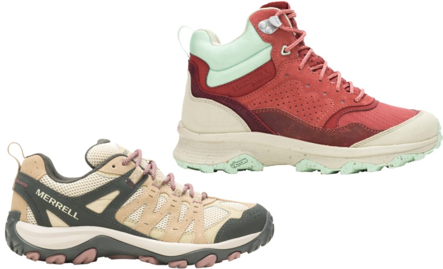 Two Merrell hiking shoes against a white background: a reddish-pink and mint green mid-top boot on the top right, and a tan and dark green low-top shoe on the bottom left.
