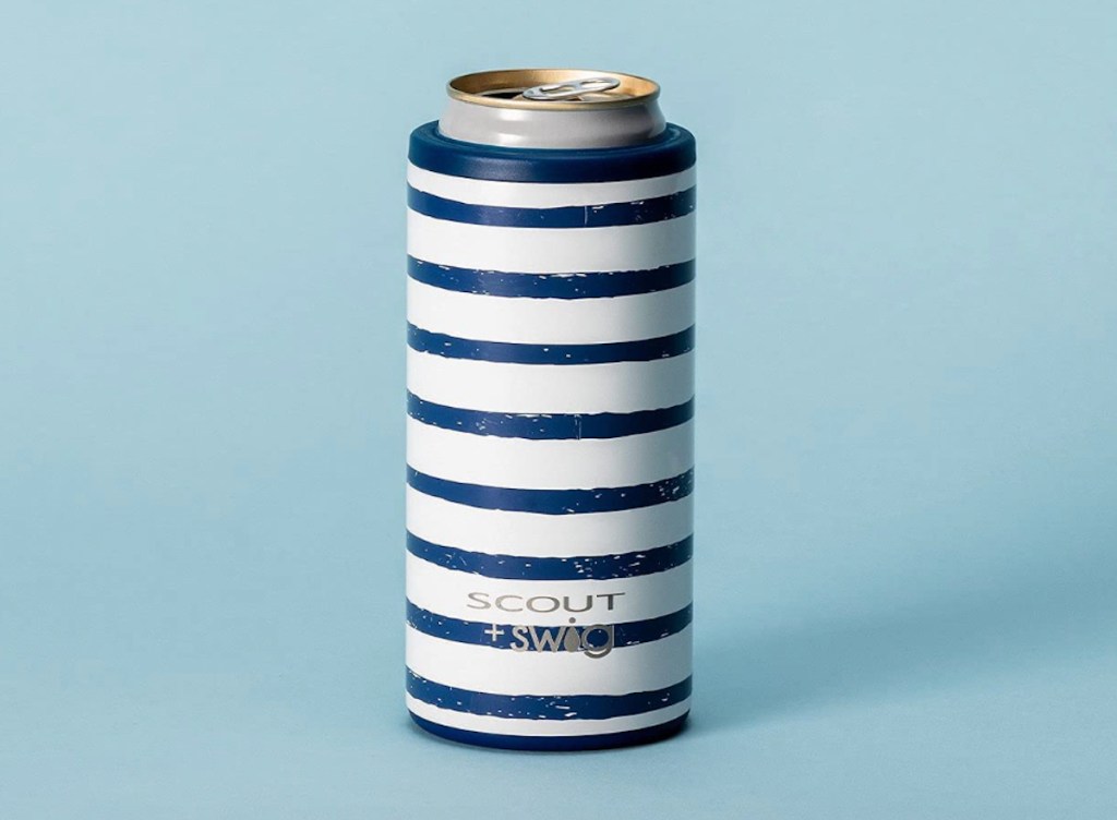 striped can cooler on blue background
