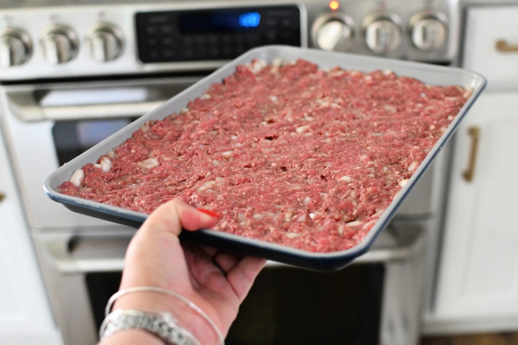 sheet pan with smashed ground beef