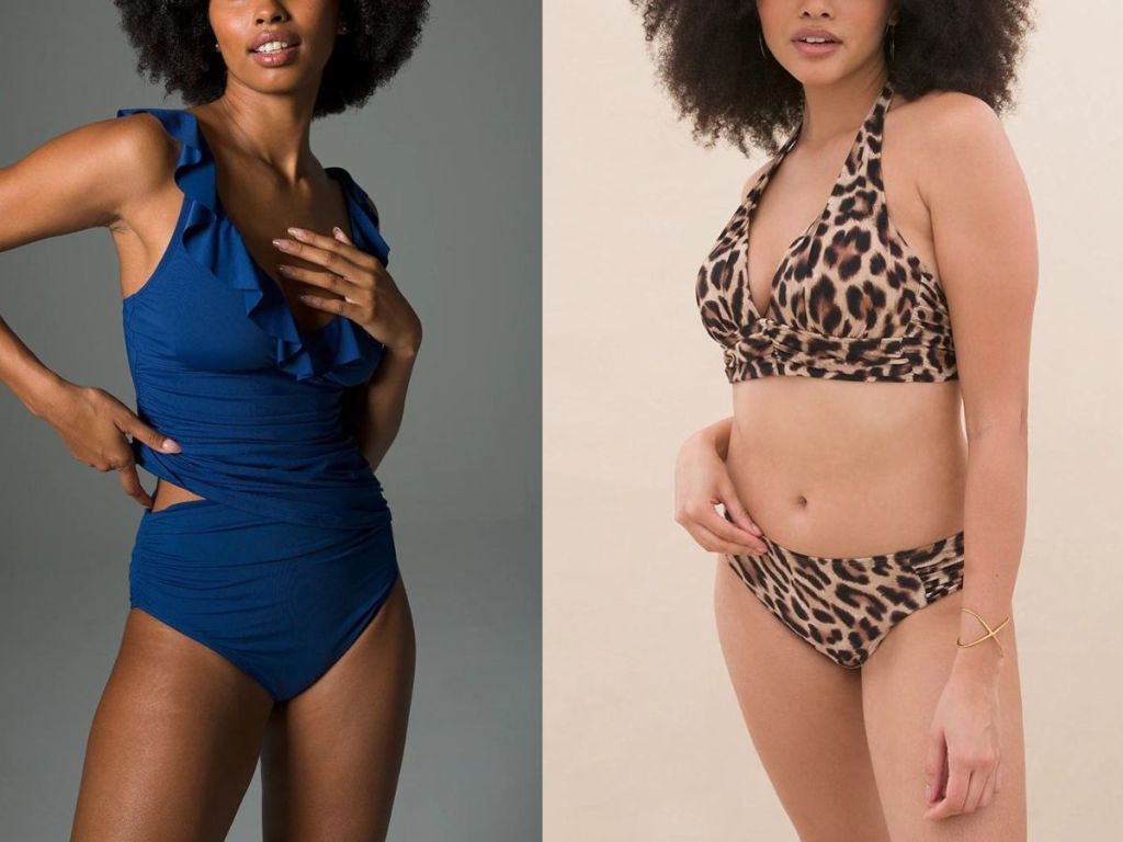 women wearing blue and animal print swimsuits