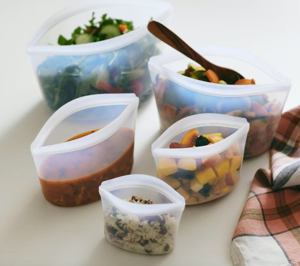clear reusable stasher bowls on table with food inside