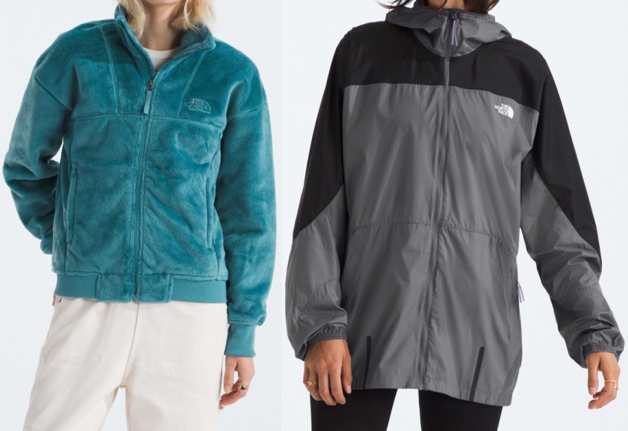 Two people modeling The North Face jackets side-by-side against a light background: one wearing a teal fleece zip-up jacket on the left, and the other wearing a grey and black lightweight hooded jacket on the right.