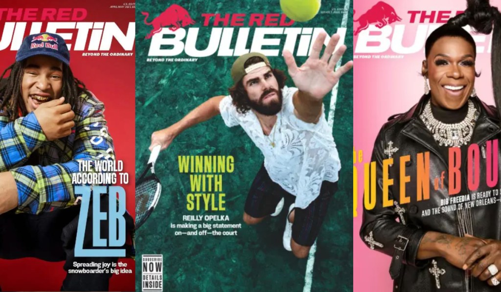 three red bulletin magazines side by side