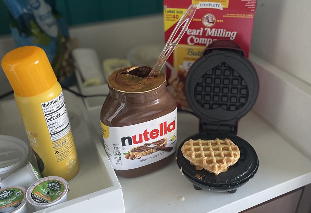 mini waffle maker in hotel room
