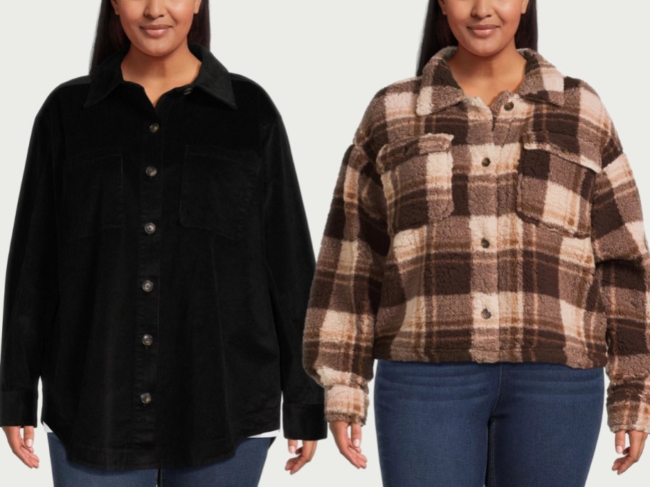 plus sized women waring shackets, 1 in solid black, the other brown plaid