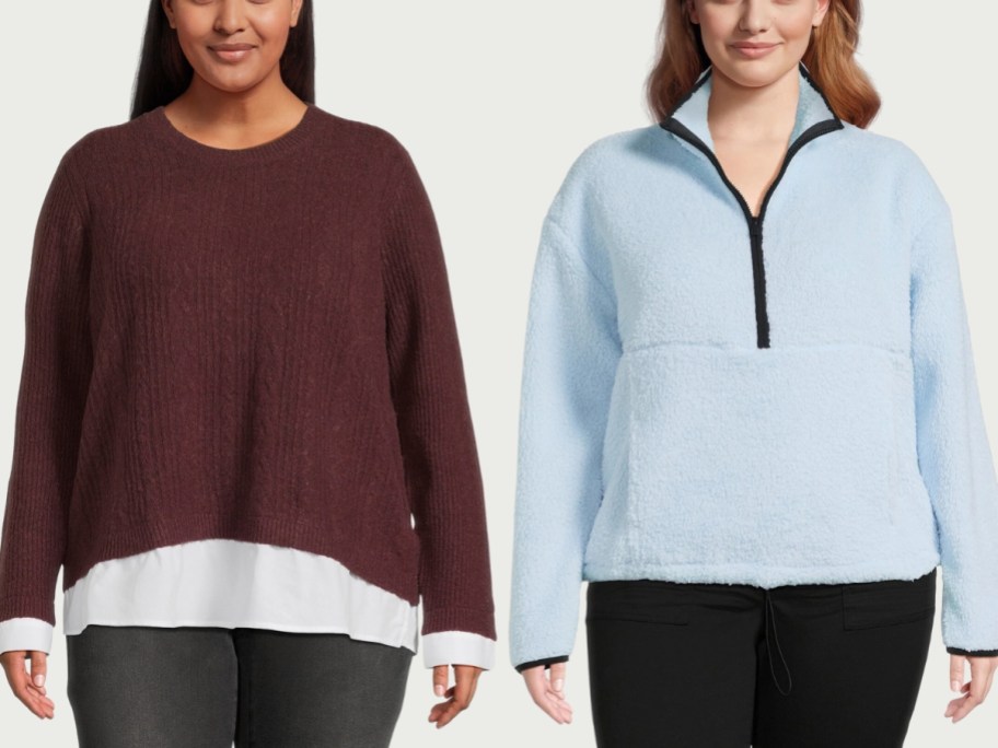 plus sized women wearing different outfits, 1 in a dark purple sweater and another in a blue fleece pullover 1/2 zip top