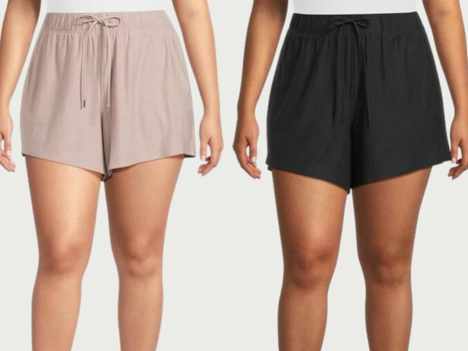 plus sized women wearing tan and black gym shorts