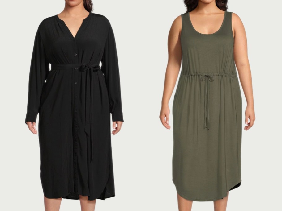 plus sized women wearing dresses, 1 in black long sleeved button up and the other olive green sleevless cinch waist