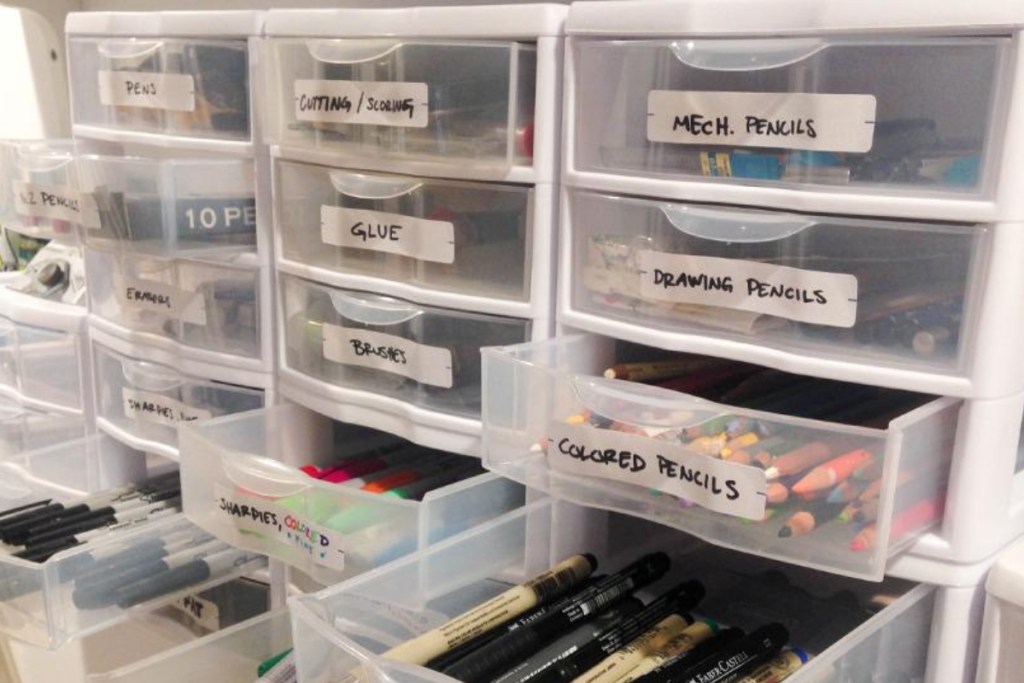 3-drawer sterilite units with art supplies