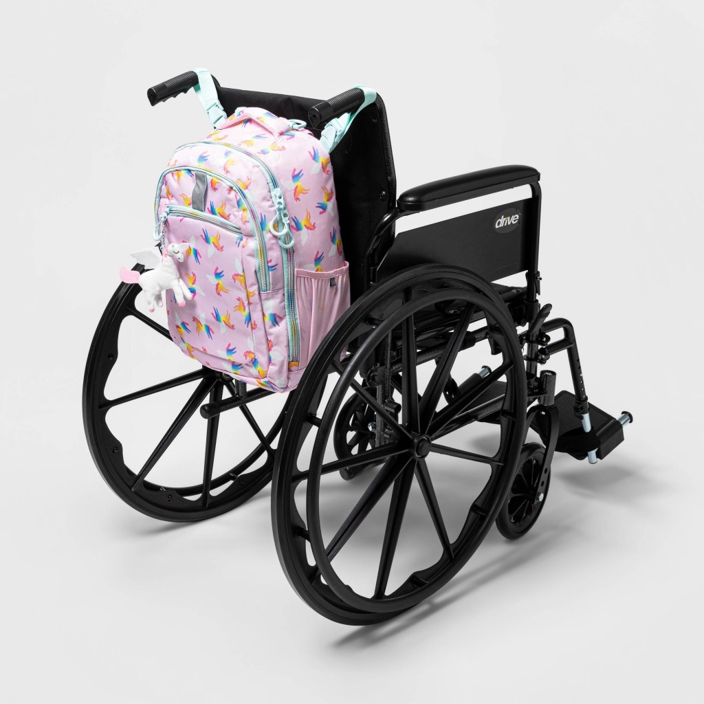 Adaptive Kids' Backpack Unicorn on back of wheelchair