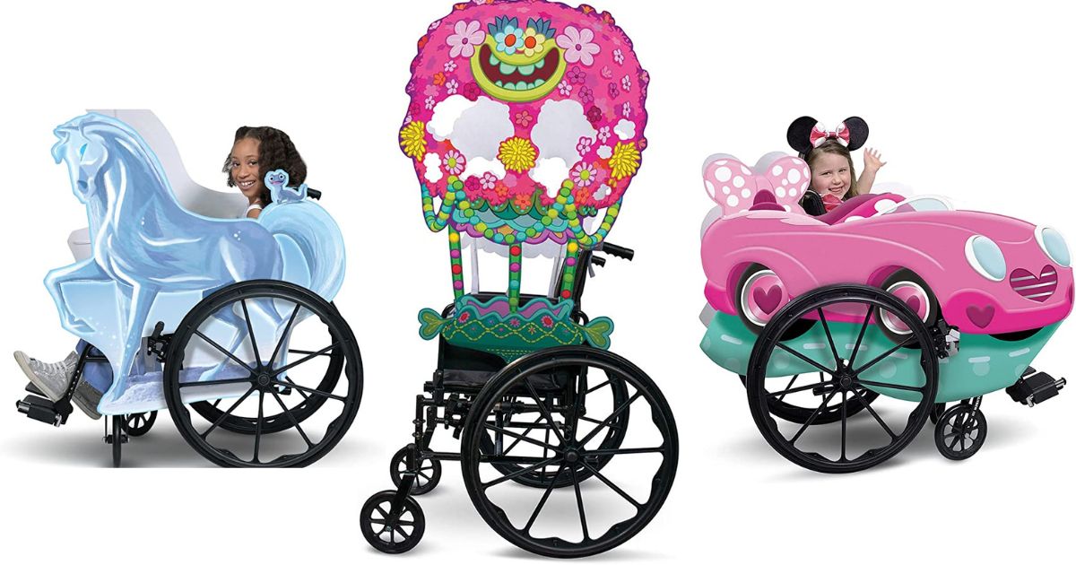 frozen, trolls, and minnie mouse adaptive wheelchair costumes & covers