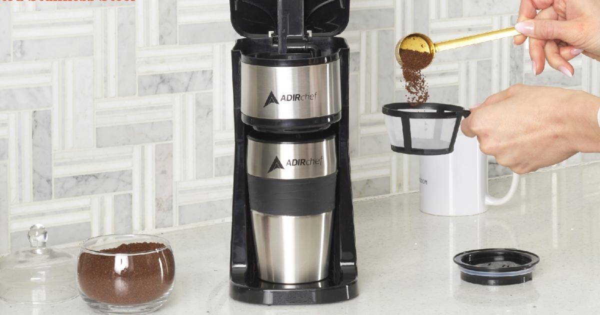AdirChef Grab N' Go Personal Coffee Maker with 15oz Travel Mug Black/Stainless