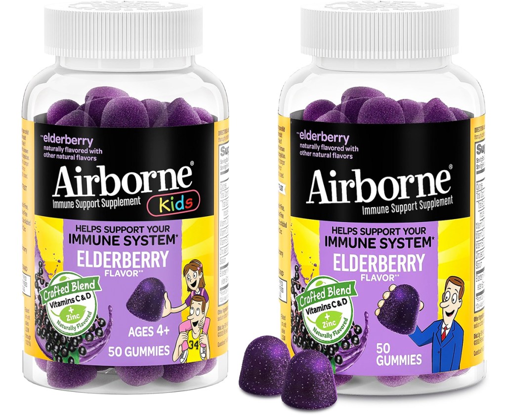 two bottles of Airborne Elderberry gummies