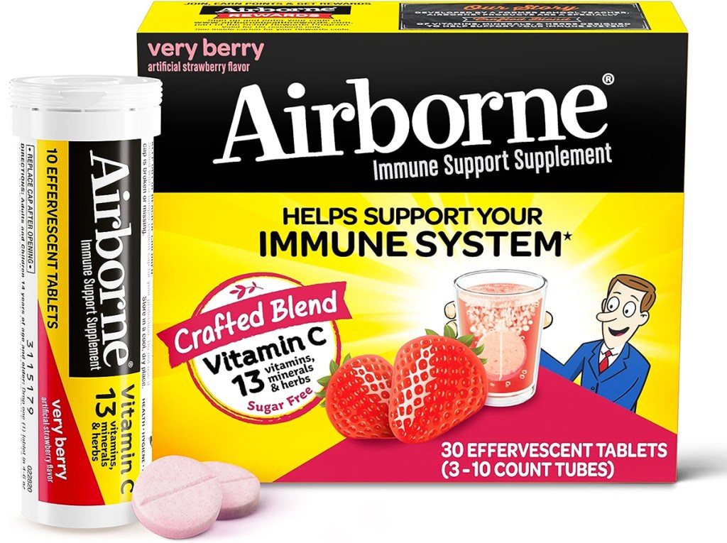 box and tube of Airborne Very Berry Vitamin C + Zinc Effervescent Tablets