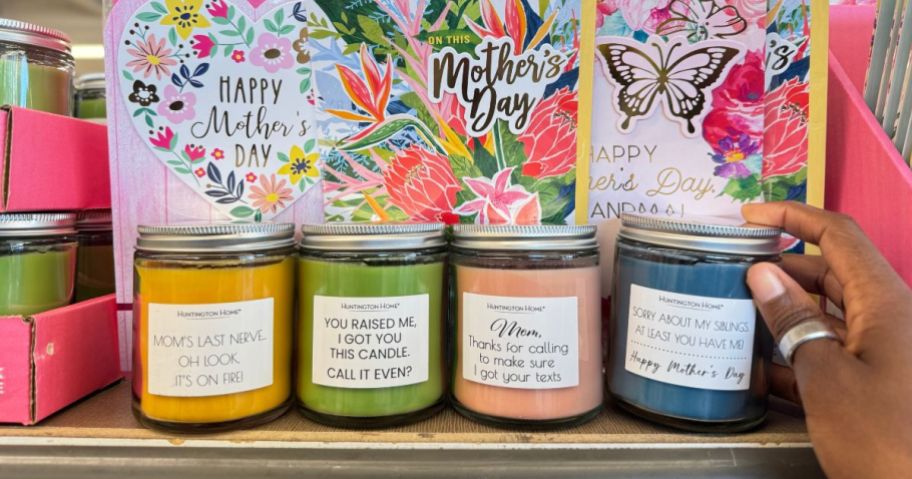 Aldi Mother's Day Candles with cards behind them