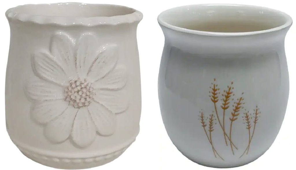 white floral ceramic pot and wheat ceramic pot