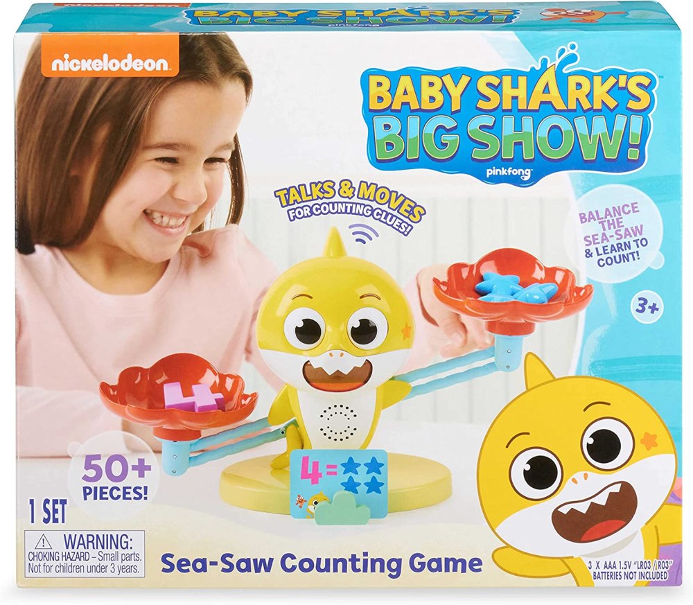 stock image of the packaging for the baby shark sea saw counting game