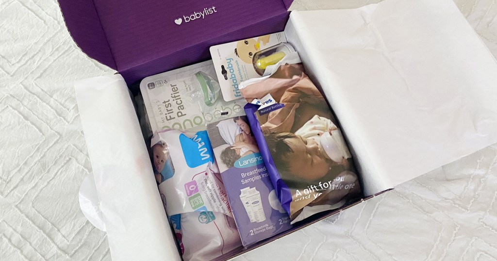 baby products in a purple shipping box