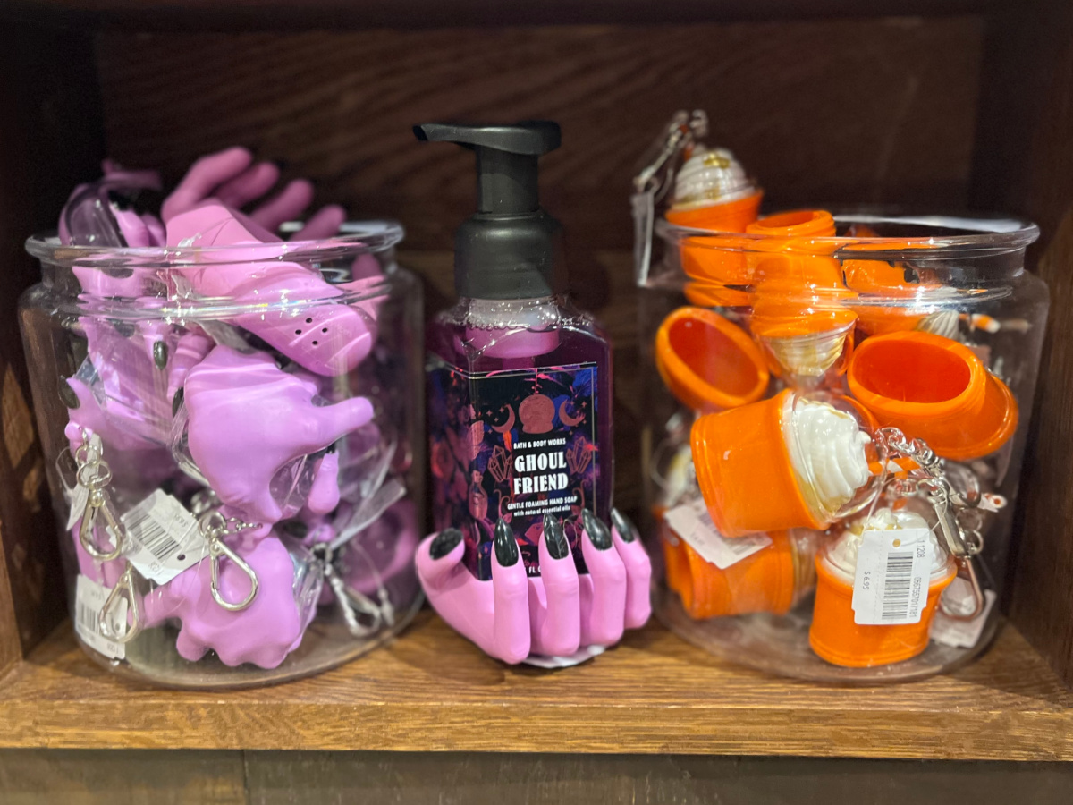 Halloween-themed foaming hand soap sitting in hand soap holder in store