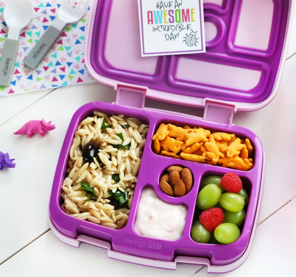 kids lunch packed in a purple bentgo box