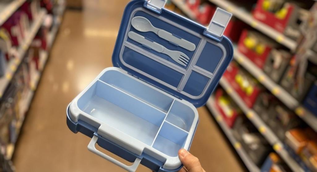 blue bento box in walmart with utensils