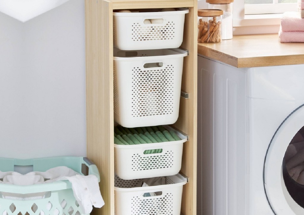 natural wood rolling bin cube stand in laundry room