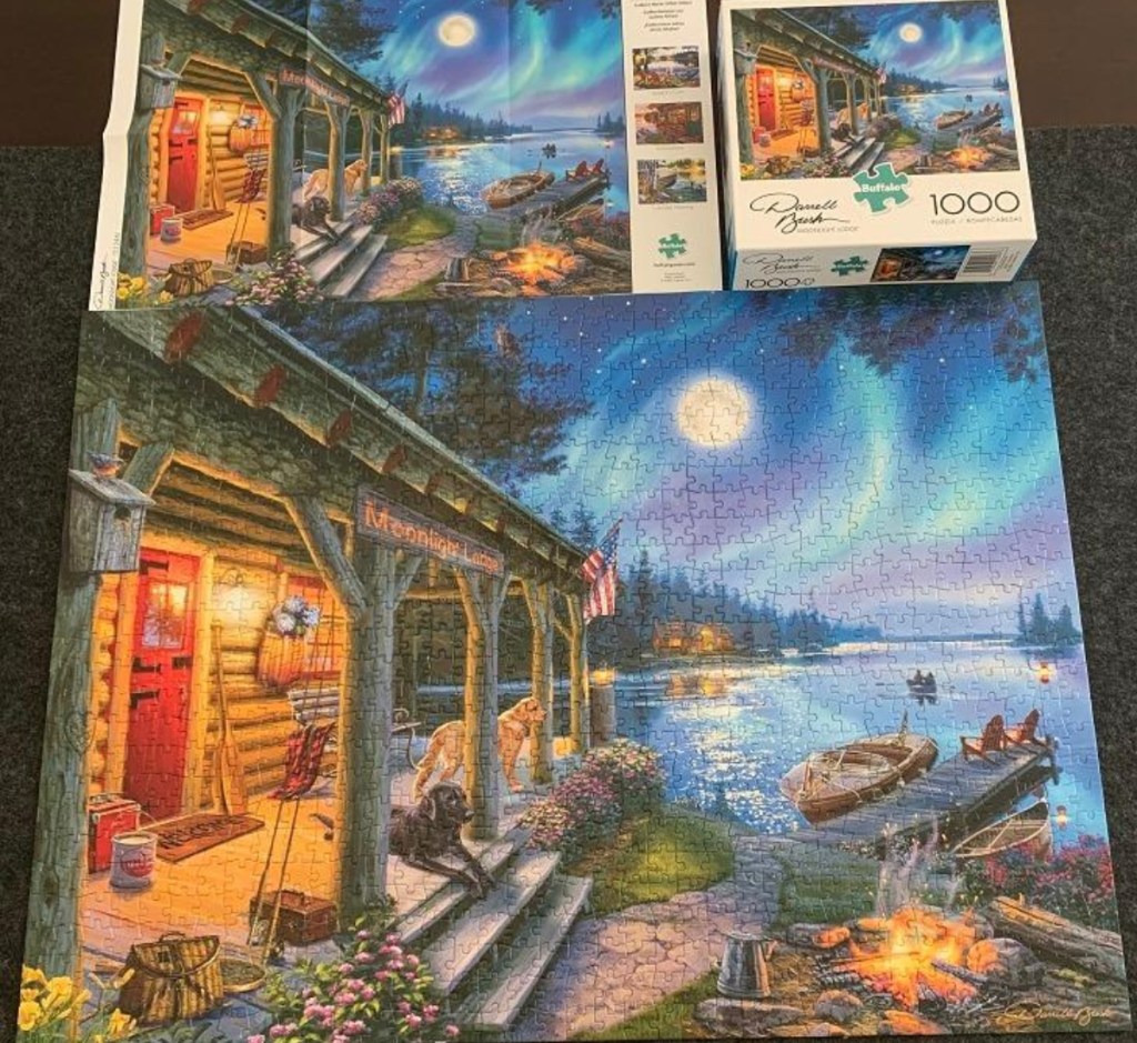 completed puzzle next to box