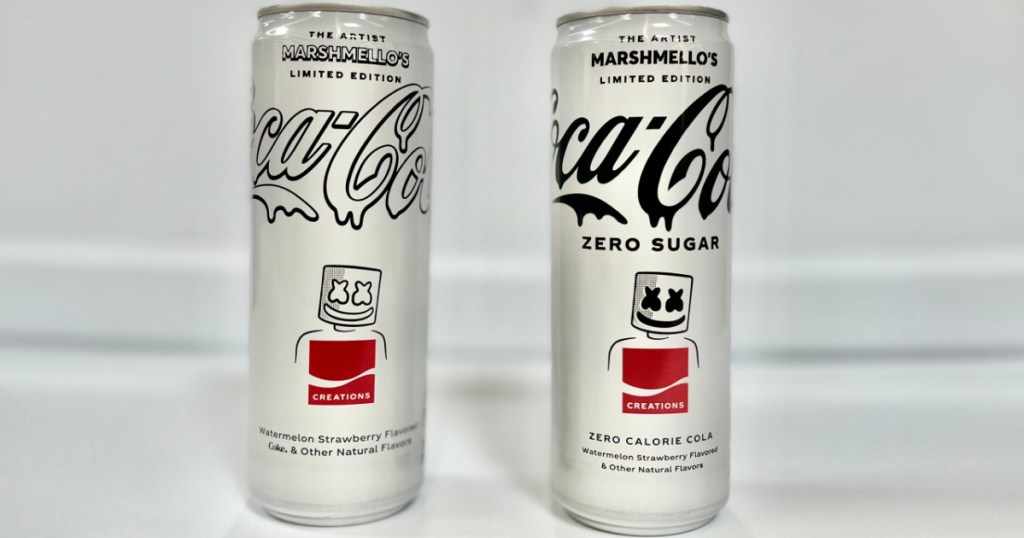 two cans of Coca-Cola x Marshmello Soda