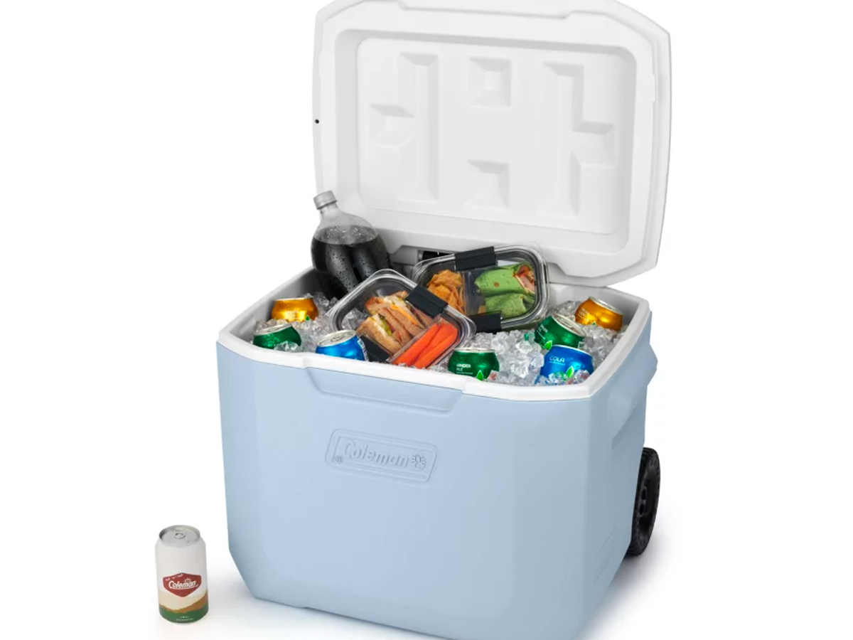 blue gray Coleman cooler full of food and drinks