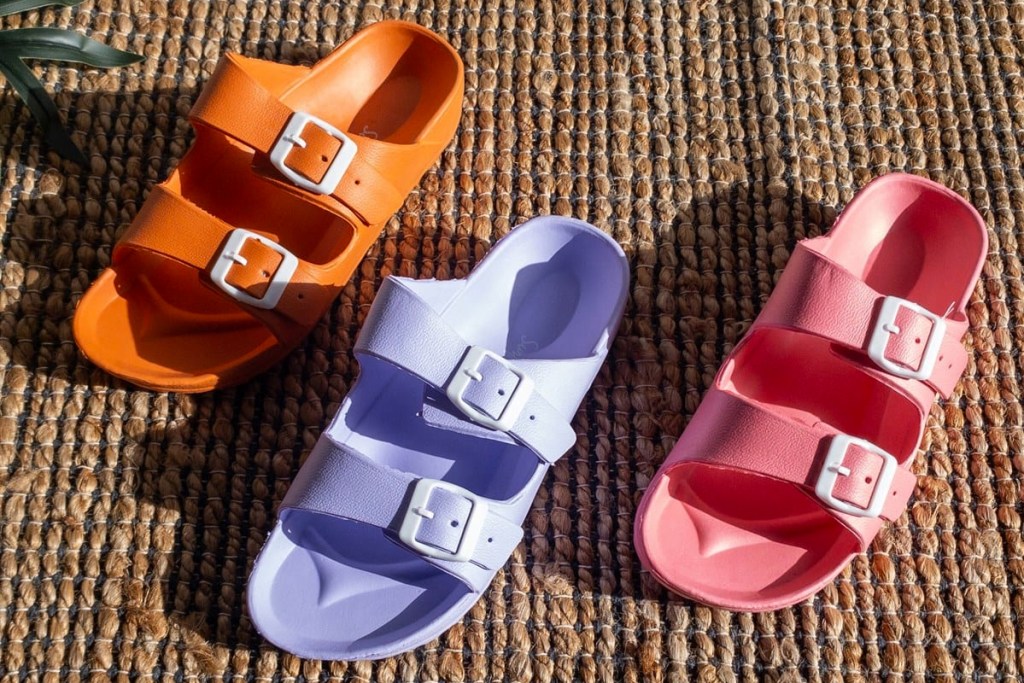 orange, pink, and purple double buckle sandals