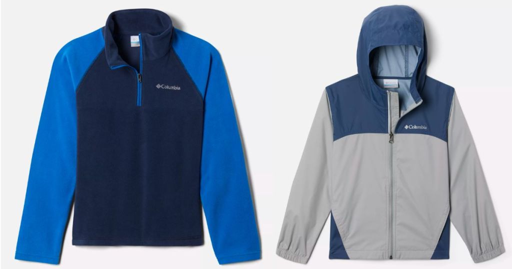 Columbia Boys’ Glacial Fleece Quarter Zip Pullover and Columbia Boys’ Glennaker Jacket stock images