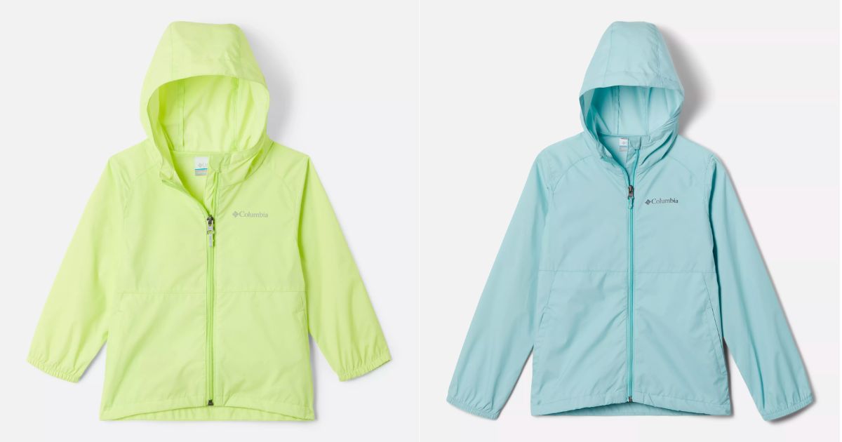 Columbia Girls' Switchback II hooded rain Jackets in lime and aqua stock image