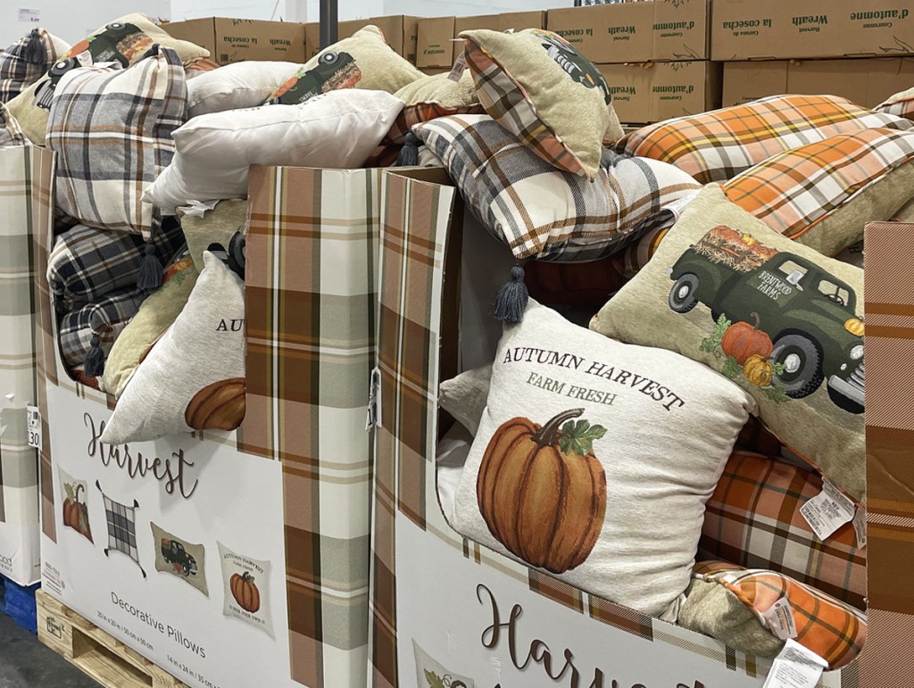 display of fall throw pillows at costco