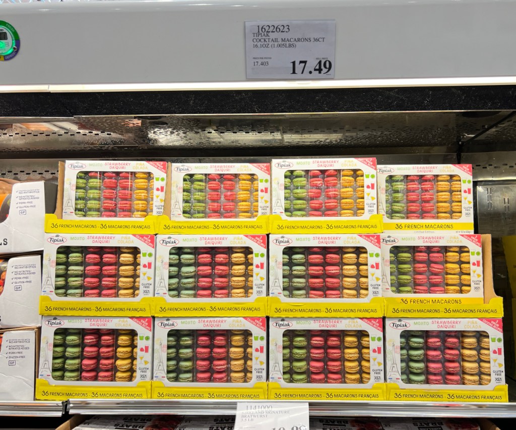 large variety pack of French Macarons on display in Costco