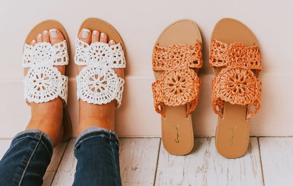 pairs of white and orange crochet sandals
