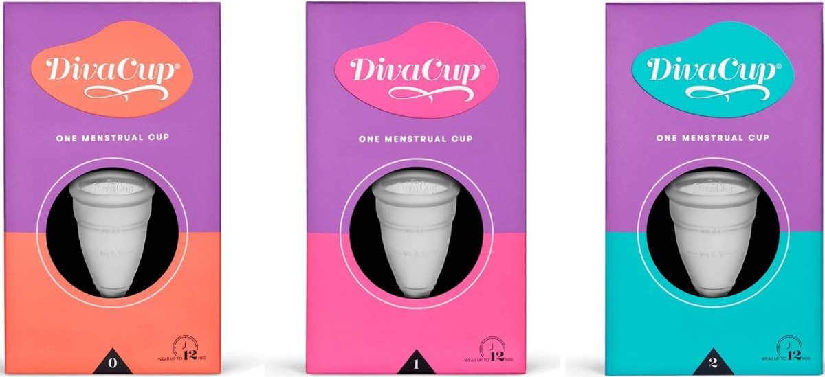 three stock images of the DivaCups in boxes