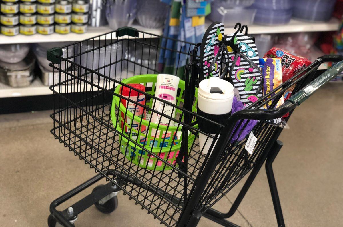 A Dollar Tree cart filled with dorm room essentials