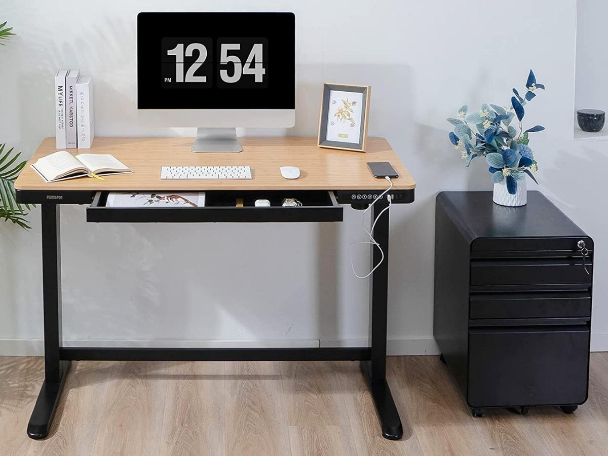 FlexiSpot 48"x24" Height Adjustable Standing Desk with Drawers in Bamboo/Black